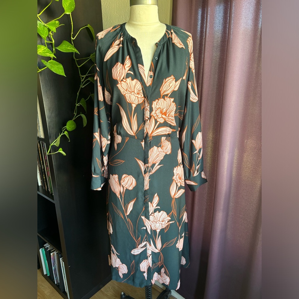 a new day Dark Green Long Sleeve Floral Midi Dress